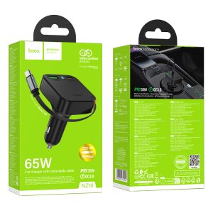 CARGADOR DE AUTO USB Y TIPO C + CABLE INTEGRADO 65W HOCO NZ18