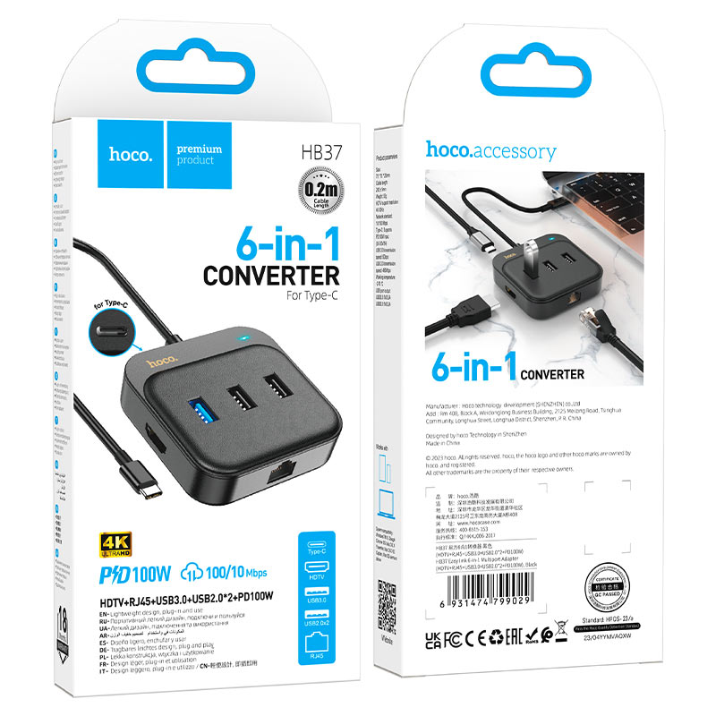 Adaptador Hub USB-C HB37 Easy Link con HDMI, RJ45 y 3×USB + Puerto USB-C – Adaptador Multipuerto Tipo C